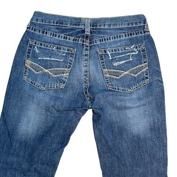 ARIAT Denim Blue M5 Low Rise Straight 31x34 Blue Jeans W/ Patches Distressed - Picture 8 of 12